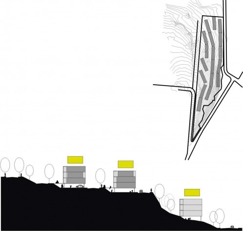 Exemplo de implantação em terreno de grande inclinação. Concurso Habitação para Todos.CDHU. Edifícios de 4 pavimentos- 2º lugar.<br />Autores do projeto  [equipe premiada]