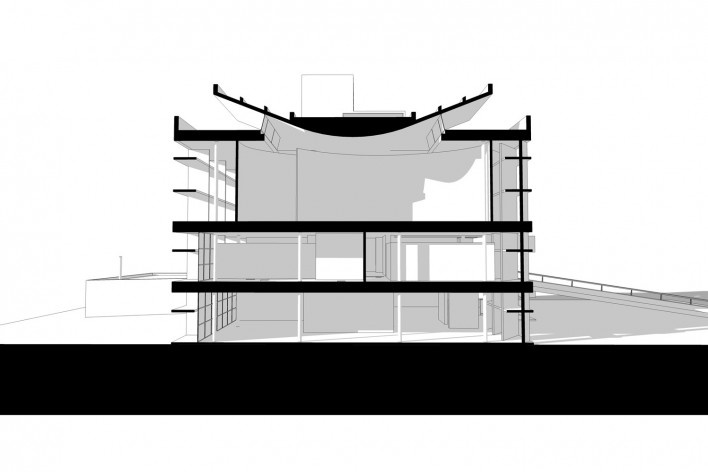 Associação da Indústria Têxtil, corte longitudinal, Ahmedabad, Gujarat, Índia, 1954. Arquiteto Le Corbusier<br />Elaboração/ Elaboración Edson Mahfuz 