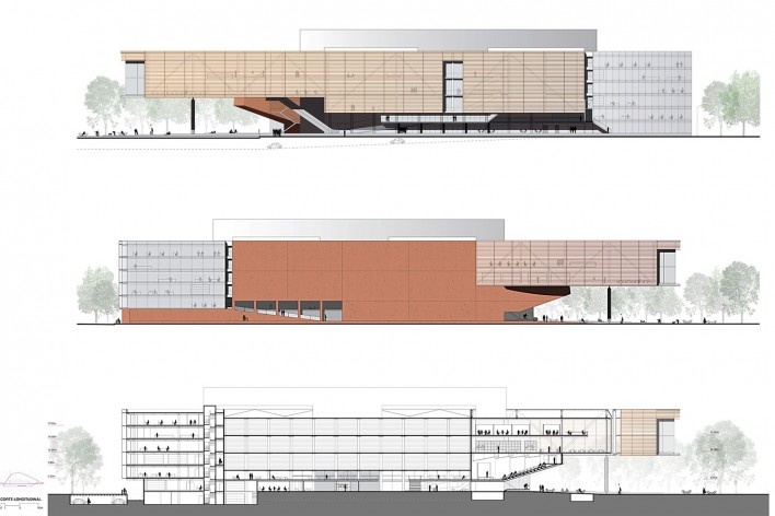Concurso Anexo da Biblioteca Nacional, elevações e corte, Rio de Janeiro, 1º lugar, arquiteto Hector Ernesto Vigliecca Gani<br />Imagem divulgação 