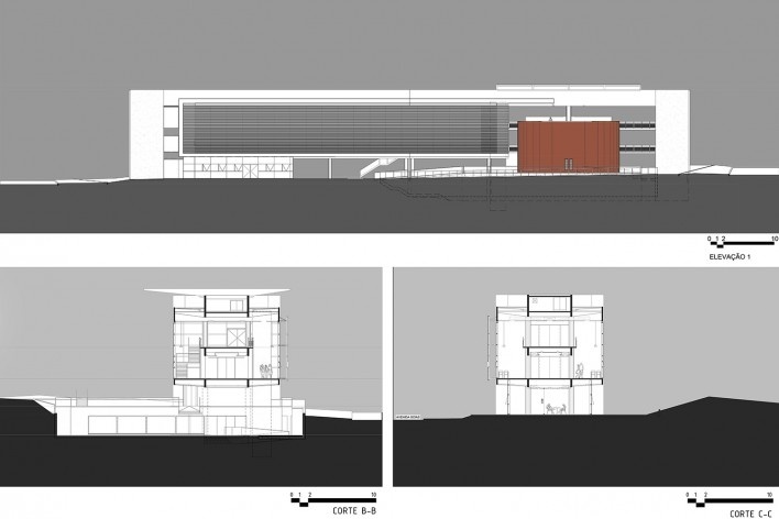 Terminal Digital do Ensino, elevação frontal e cortes transversais, São Caetano do Sul, 2008. Arquiteto José Augusto Aly<br />Imagem divulgação 