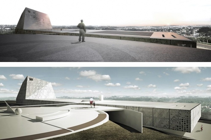 Concurso Internacional para Projeto Arquitetônico do Museu Exploratório de Ciências da Unicamp, duas vistas da praça tempo-espaço, 1º lugar. Arquitetos Reinaldo Nishimura, Daniel Corsi e Dani Hirano, 2009<br />Imagem equipe 