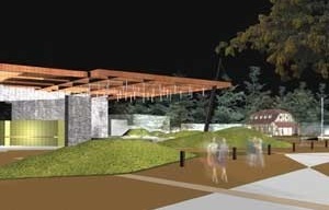 Uma visual da chegada à praça, enfatizando a permeabilidade proposta pela cobertura leve do anfiteatro aberto. Ao fundo a Casa Oppitz. A vegetação, preservada, mantém o skyline da cidade<br />Imagem do autor do projeto 