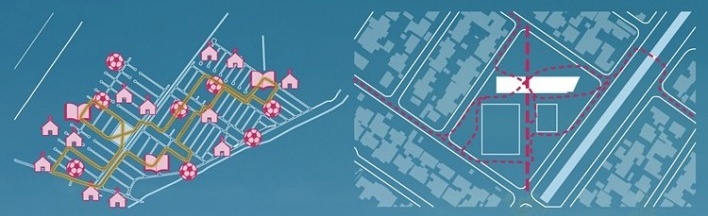 Homeless Center- Crossroads & Edges. Campo Aud. 2010. Diagramas de costura do centro de treinamento à malha urbana local [equipe premiada]