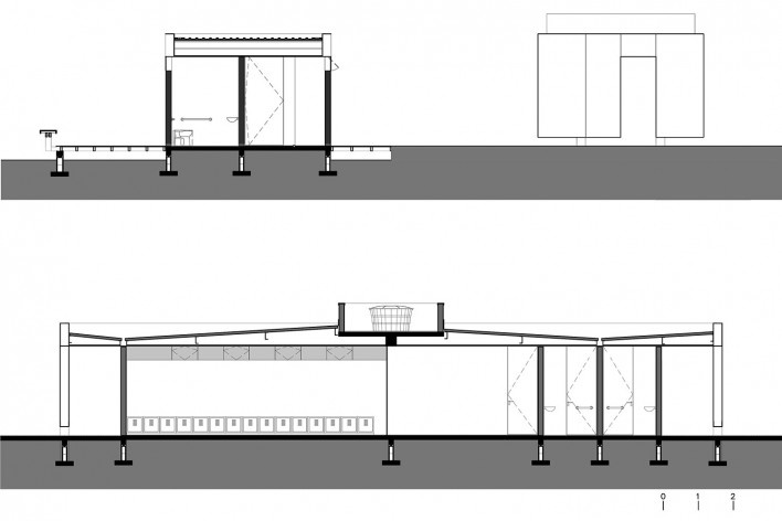 Requalificação urbana e ambiental da orla de Ilha Comprida, Edifício Escola de Surf, corte transversal elevação lateral e corte longitudinal, 2019. Arquitetos Marcos Boldarini e Lucas Nobre<br />Imagem divulgação 