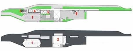 Plantas térreo e subsolo. 1. Estacionamento; 2. Praça rebaixada; 3. Administração; 4. Oficinas culturais; 5. Biblioteca; 6. Cyber Café<br />Imagem dos autores do projeto 