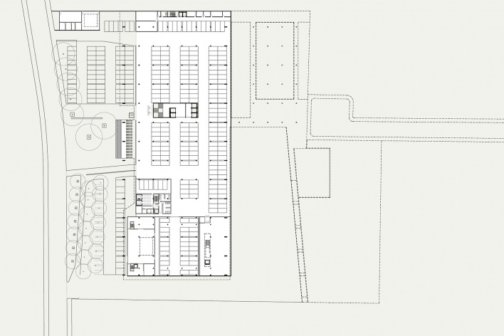 Concurso de Propostas Arquitetônicas para o futuro SESC Guarulhos, planta 1, 8º lugar. Andrade Morettin Arquitetos<br />Desenho equipe 
