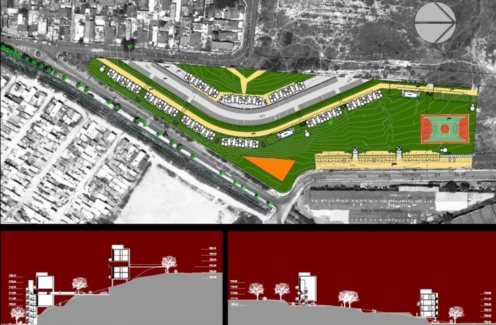 Implantação e Cortes - terreno de Taboão da Serra. Concurso Habitação para Todos. CDHU. Edifícios de 4 pavimentos - Menção honrosa.<br />Autores do projeto  [equipe premiada]