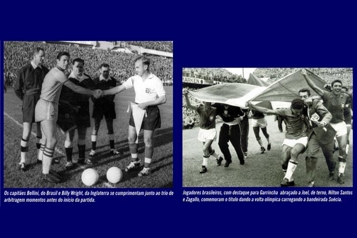 Cenas dos jogos da Seleção Brasileira contra Inglaterra e Suécia, Copa do Mundo de 1958<br />Encarte da CBF  [Acervo Naydina Aranha de Freitas]