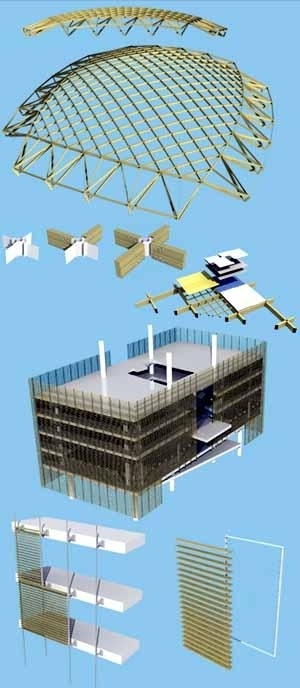Utilização de bens renováveis como madeira laminada estão presentes em todo o Complexo, incluso nas estruturas<br />Imagem dos autores do projeto 