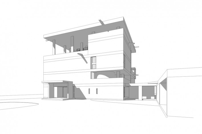 Casa Shodhan, vista externa do edifício, Ahmedabad, Gujarat, Índia, 1951-56. Arquiteto Le Corbusier<br />Modelo tridimensional Gabriel Johansson Azeredo / Imagem Edson Mahfuz 