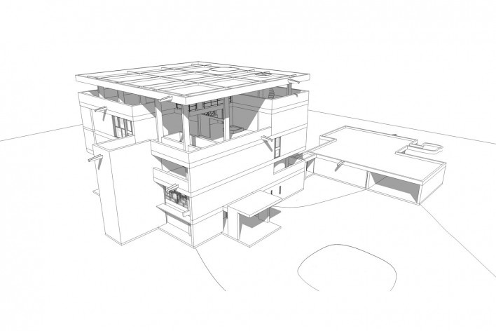 Casa Shodhan, vista externa do edifício, Ahmedabad, Gujarat, Índia, 1951-56. Arquiteto Le Corbusier<br />Modelo tridimensional Gabriel Johansson Azeredo / Imagem Edson Mahfuz 