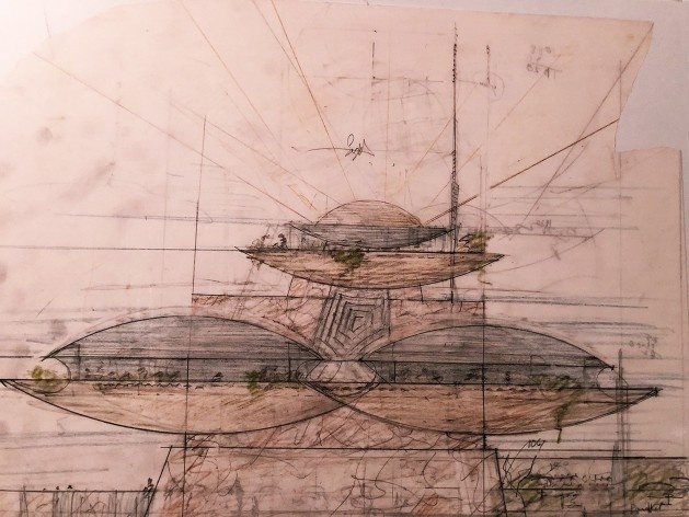Desenhos de Frank Lloyd Wright na mostra “The Human Insect: Antenna Architectures 1887-2017”<br />Foto Ana Tagliari / Wilson Florio, 2018 
