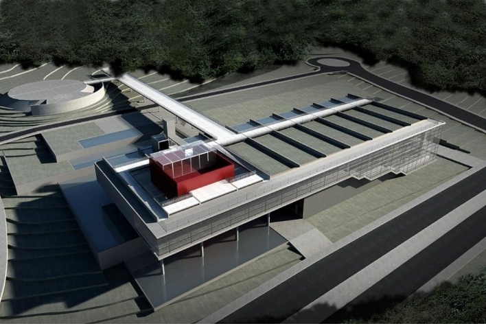 Concurso Internacional para Projeto Arquitetônico do Museu Exploratório de Ciências da Unicamp, Vista aérea do edifício, menção honrosa. Arquitetos Alessandro Muzi, Hernani Paiva e Luiz Kuller, 2009<br />Imagem equipe 