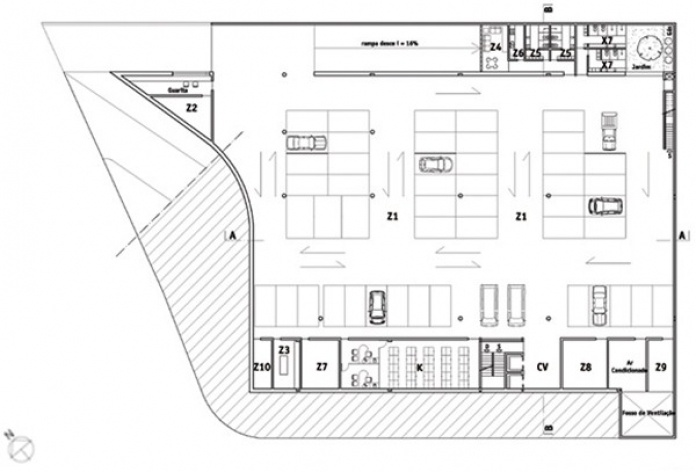 Planta 1º Subsolo
CV – Circulação Vertical
K – Serviços Gerais
X7 – Vestiário Funcionários Cafeteria
Z1 – Estacionamento
Z2 – Zeladoria
Z3 – Manutenção
Z5 – Vestiário
Z4 – Motorista
Z6 – Copa
Z7 – Arquivo Morto
Z8 – Despejo
Z9 – Subestação
Z10 – Lixo<br />Imagem dos autores do projeto 