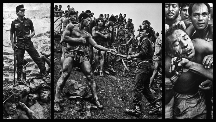 “O inferno de Bosch segundo Sebastião Salgado”, tríptico 5, fragmentos da exposição fotográfica “Gold – Mina de Ouro Serra Pelada”<br />Fotomontagem de Abilio Guerra 