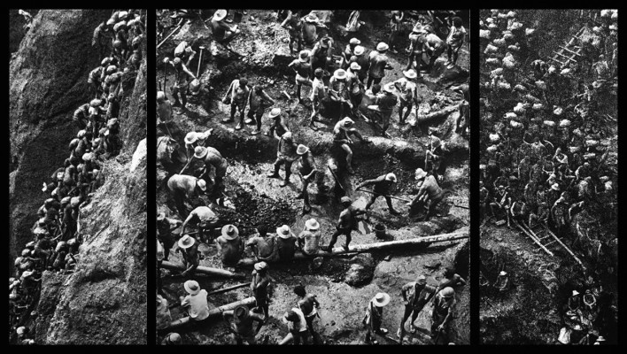 “O inferno de Bosch segundo Sebastião Salgado”, tríptico 2, fragmentos da exposição fotográfica “Gold – Mina de Ouro Serra Pelada”<br />Fotomontagem de Abilio Guerra 