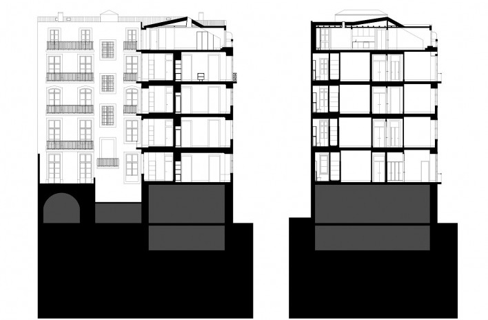 Edifício residencial em Fanqueiros, cortes após reforma. Arquiteto José Adrião, 2007-2011