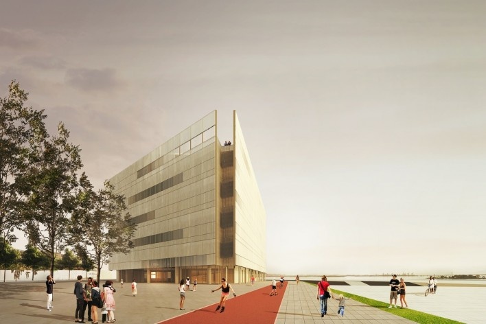 Concurso Anexo da Biblioteca Nacional, perspectiva, Rio de Janeiro, 2º lugar, arquitetos Eduardo de Almeida, Helena Ayoub, Cesar Shundi Iwamizu<br />Imagem divulgação 