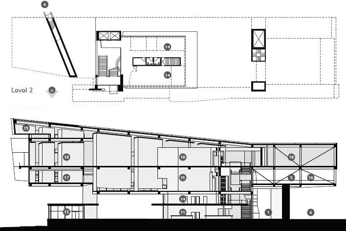 Concurso Internacional para Projeto Arquitetônico do Museu Exploratório de Ciências da Unicamp, planta nível 2 e corte longitudinal, 3º colocado. Arquiteto  Erik W. Lewitt, 2009<br />Imagem autor 