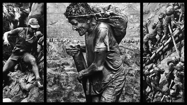“O inferno de Bosch segundo Sebastião Salgado”, tríptico 7, fragmentos da exposição fotográfica “Gold – Mina de Ouro Serra Pelada”<br />Fotomontagem de Abilio Guerra 