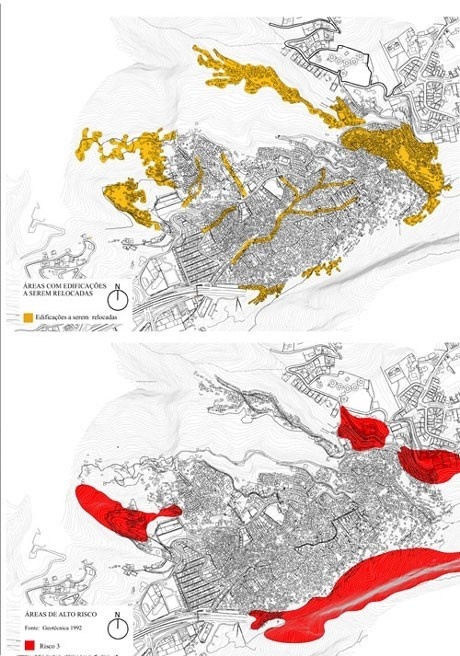 Edificações a serem relocadas e áreas de alto risco<br />Imagem do autor do projeto 