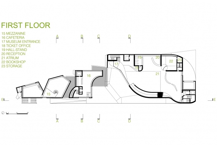 Sede da Fundação Iberê Camargo, planta do 1º pavimento. Arquiteto Álvaro Siza, 2008<br />Desenho escritório 