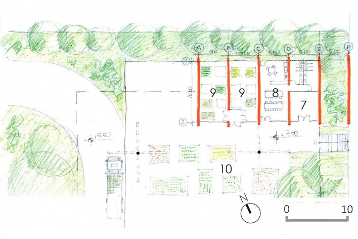 Proposta bairro urbano + produção agrícola, planta da cooperativa agrícola, primeiro vaimento. <i> 7)depósito 8) refeitório, 9) câmara fria, 10)plataforma</i>. Roney Pessoa, FAU PUC-Campinas<br />2º lugar 