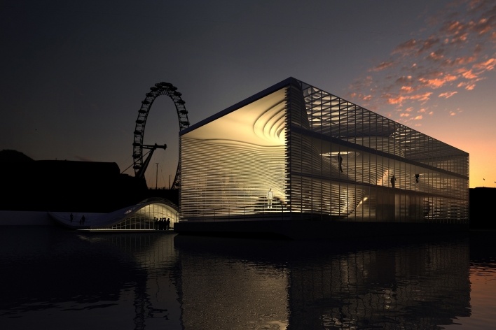 Adaptable Architecture Gallery on the Thames River Urban Competition – London 2008, vista externa noturna, menção honrosa. Arquitetos Victor Paixão, Miguel Felipe Muralha, Paula Sertório, Thiago Florez, André Mack, Bruno Castro<br />Imagem equipe 