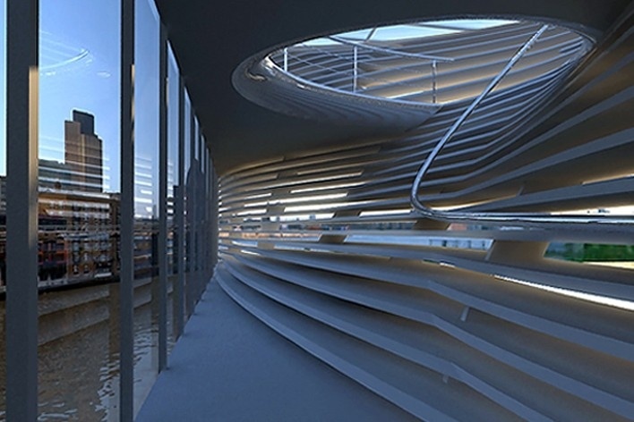 Adaptable Architecture Gallery on the Thames River Urban Competition – London 2008, vista interna da subida, menção honrosa. Arquitetos Victor Paixão, Miguel Felipe Muralha, Paula Sertório, Thiago Florez, André Mack, Bruno Castro<br />Imagem equipe 