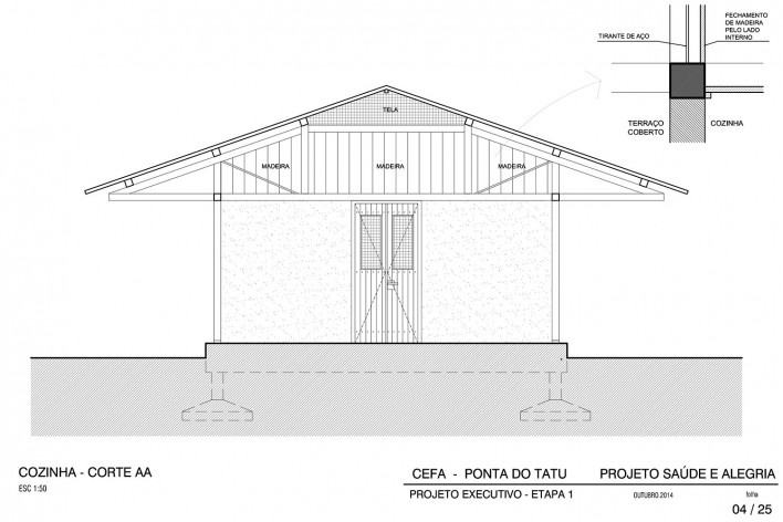Centro Experimental Floresta Ativa - CEFA, corte da cozinha dos técnicos, RESEX Tapajó-Arapiuns PA. Arquiteta Cristina Xavier<br />Imagem divulgação 