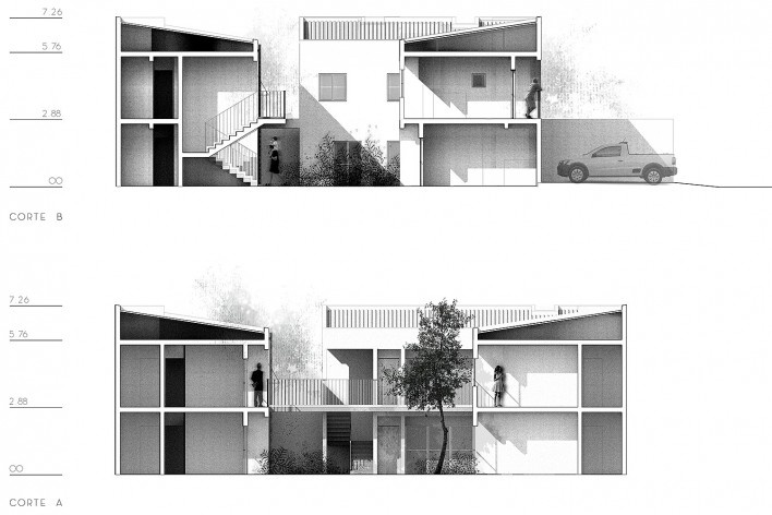 Vila Amélia, cortes do conjunto, Sertãozinho SP, 2015-2017. Arquitetos Fernando O’Leary, Pedro Domingues e Pedro Faria<br />Imagem divulgação  [Vaga Arquitetura]