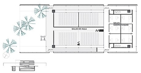 Planta nível 382,50 e 384,20 - Salas de aula e coordenação<br />Imagem dos autores do projeto 