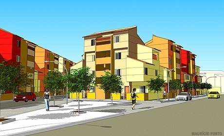 Perspectiva do ponto de vista da Avenida Mergulhão - bloco A em primeiro plano<br />Imagem dos autores do projeto 