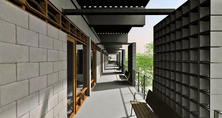 Homeless Center- “Centro de Liderança para Mulheres e Jovens” –Edson Mahfuz e Ana Paula Alcantara Gomes. Sacada de acesso ao nível superior do edifício Comercial/Educacional [equipe premiada]