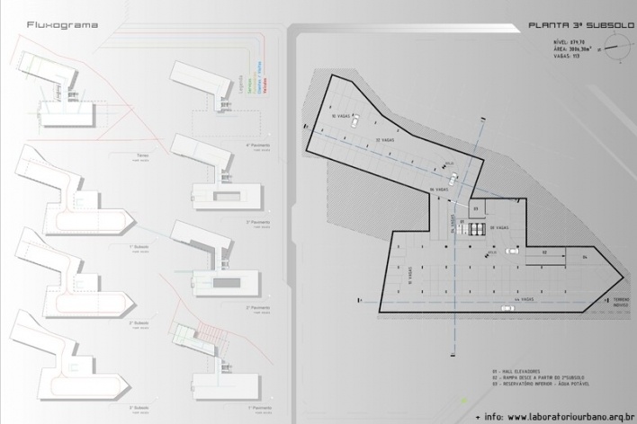 Centro de Referência em Empreendedorismo do Sebrae-MG, fluxograma e planta do terceiro subsolo, menção honrosa. Arquiteto Érico Flumignan Pacheco, 2008<br />Desenho escritório 