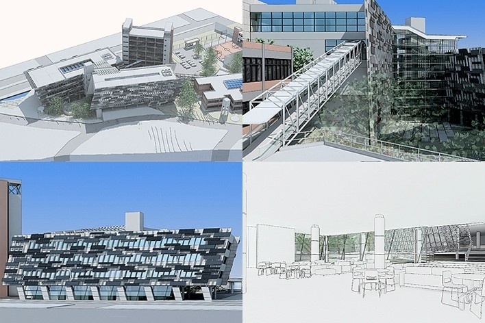 Centro de Referência em Empreendedorismo do Sebrae-MG, vistas diversas do conjunto, menção honrosa. Arquiteto Érico Flumignan Pacheco, 2008<br />Desenho escritório 