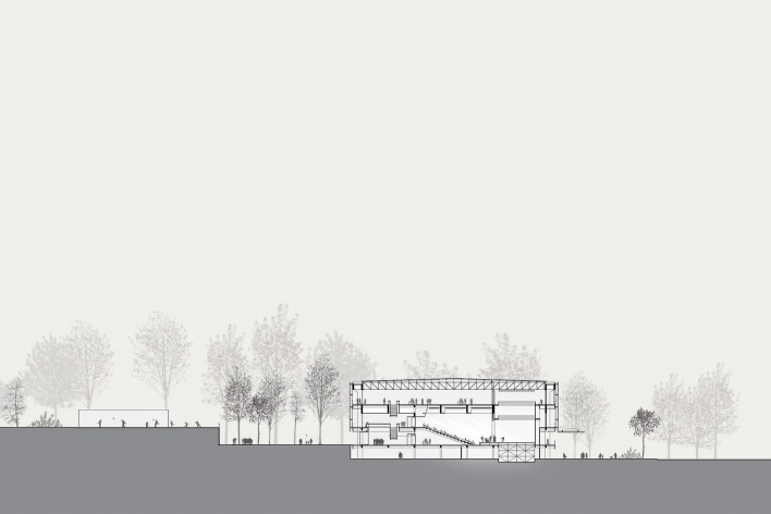 Concurso de Propostas Arquitetônicas para o futuro SESC Guarulhos, corte teatro, 8º lugar. Andrade Morettin Arquitetos<br />Desenho equipe 