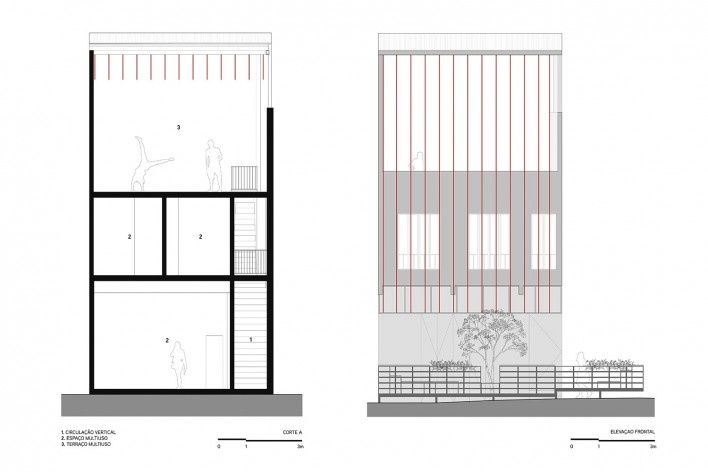 Centro Cultural Lá da Favelinha, corte AA e elevação frontal, Belo Horizonte MG, 2021. Arquitetos Fernando Maculan e Joana César Magalhães (autores) / Coletivo Levante<br />Imagem divulgação  [Coletivo Levante]