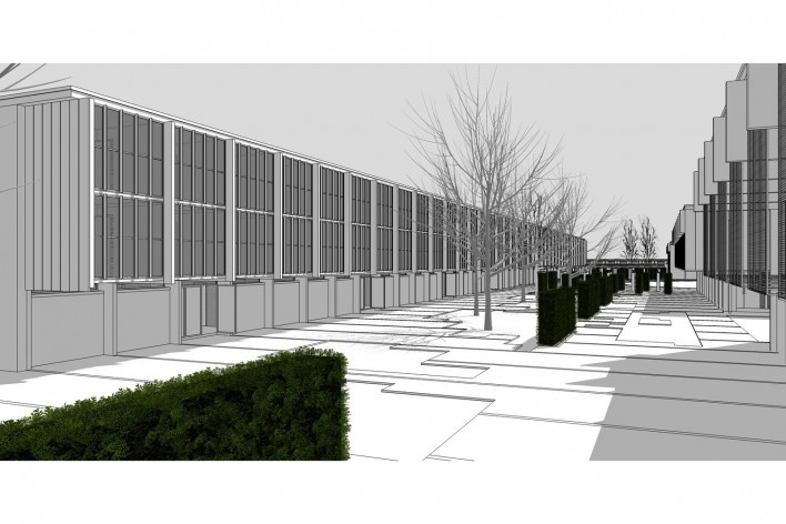 Saint Catherine’s College, vista dos pátios secundários em direção ao norte, com as cercas vivas, Oxford, Inglaterra, 1959-1964, arquiteto Arne Jacobsen<br />Modelo tridimensional de Edson Mahfuz e Ana Karina Christ 