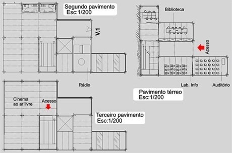 Centro Comunitário. Plantas pavimento térreo, segundo e terceiro pavimento<br />Imagem dos autores do projeto 