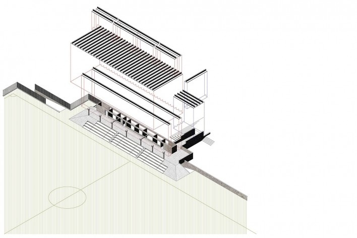 Campo de fútbol A Gandareira, axonometría general, Silleda, Pontevedra, España, 2018. Arquitectos Abraham Castro Neira y Carlos Alberto Pita Abad<br />Imagén divulgacíon  [Colección Abraham Castro Neira y Carlos Alberto Pita Abad]