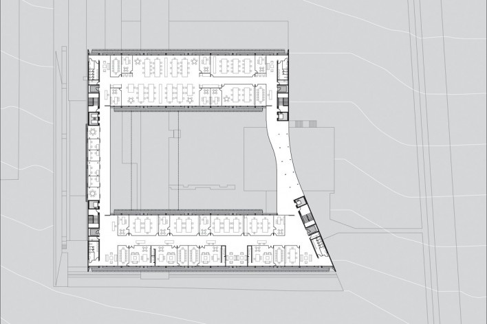 Sebrae Headquarters, second floor plan – level 1073,55, Brasília DF, 2010. Architects Alvaro Puntoni, Luciano Margotto, João Sodré and Jonathan Davies
