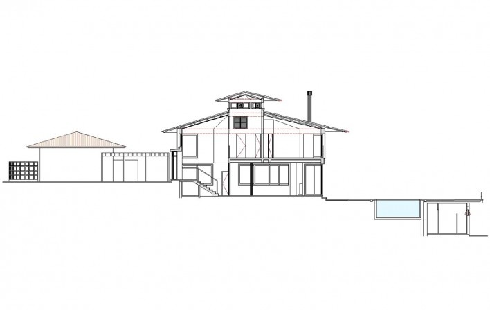 Casa na Ponta do Pulso, corte, Ubatuba SP Brasil, arquiteto Affonso Risi<br />Imagem divulgação 
