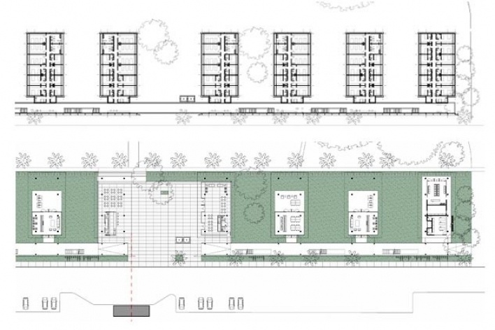 Dormitórios e alojamentos para professores e estudantes, plantas térreo e primeiro piso. Sic Arquitetura, 2008<br />Desenho escritório 