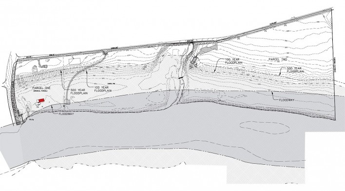 Mapa de localização da Casa Edith Farnsworth, marcada em vermelho, em relação ao rio Fox em fase de inundação [National Trust for Historic Preservation]