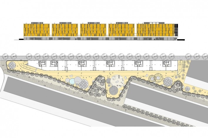Conjunto Habitacional Fira de Barcelona – L’Hospitalet de Llobregat, fachada norte e planta térreo do conjunto com praça, Barcelona 2009. ONL Arquitectura<br />Imagem divulgação 