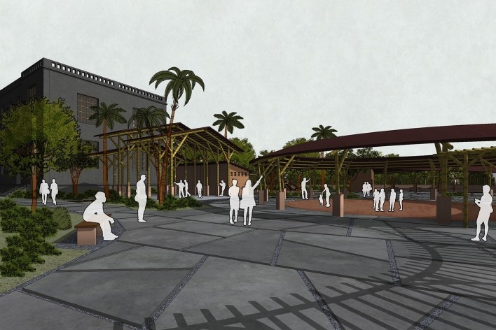 Aldeia Marakanã. A construção de uma aldeia indígena urbana, perspectiva da entrada, Rio de Janeiro RJ Brasil, 2022. Arquiteto Gustavo Lennon<br />Elaboração Gustavo Lennon 
