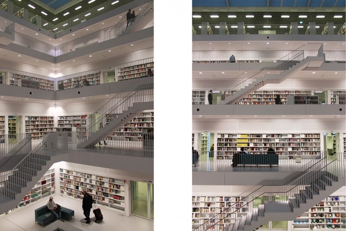 Biblioteca Municipal de Stuttgart, atrium. Arquiteto Young Yi<br />Foto Luiz Antonio Lopes de Souza 