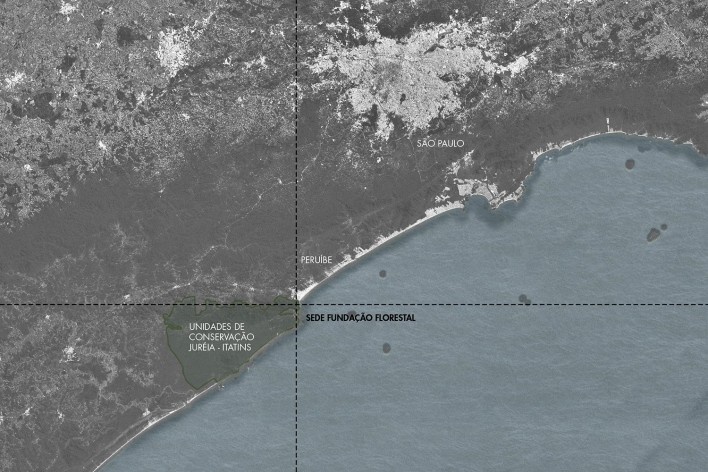 Sede Administrativa Fundação Florestal — Juréia-Itatins, localização, Peruíbe SP, 2019. 23 Sul Arquitetura<br />Imagem divulgação  [23 Sul Arquitetura]