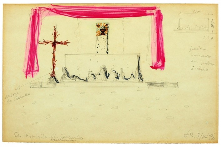 Igreja Espírito Santo do Pinhal, croquis da arquiteta Lina Bo Bardi, Uberlândia, 1976<br />Imagem divulgação  [Instituto Bardi]